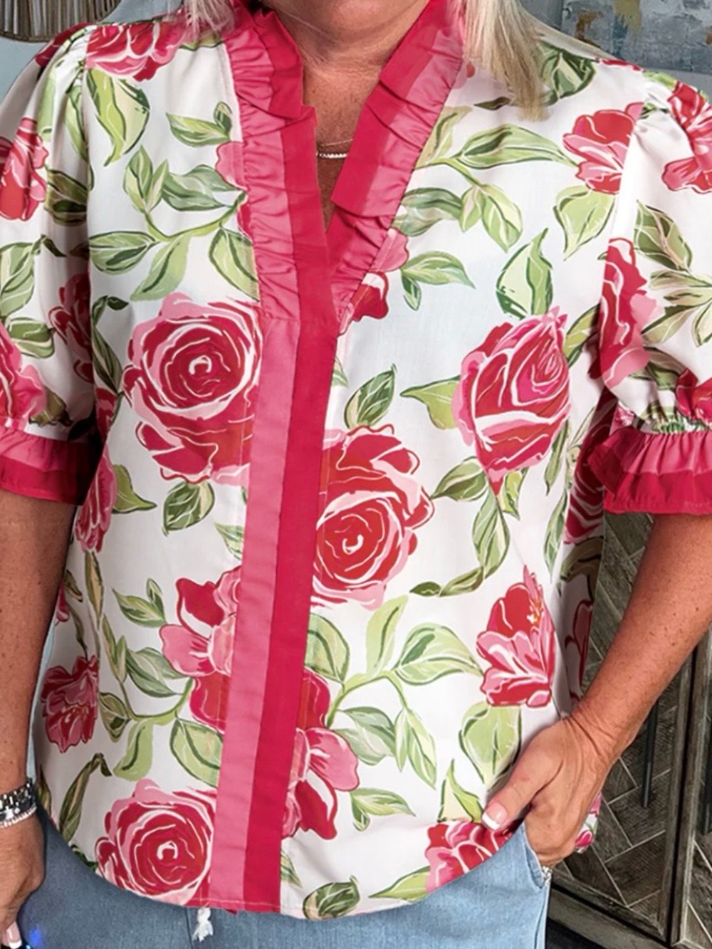 Floral Ruffle-Trim Blouse in Pink & Olive